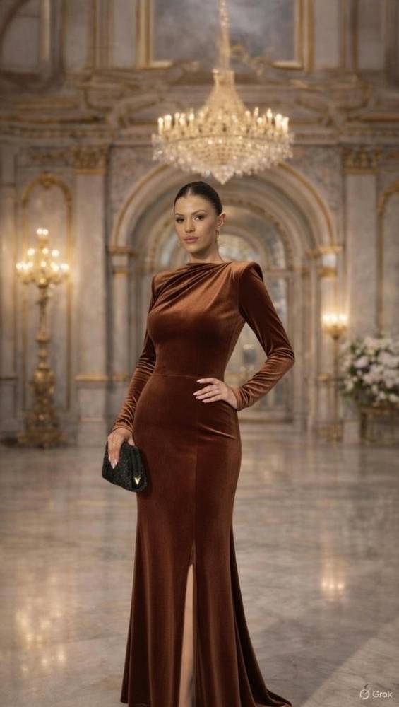 فستان مخمل بأكمام طويلة وفتحة ظهر | 50238