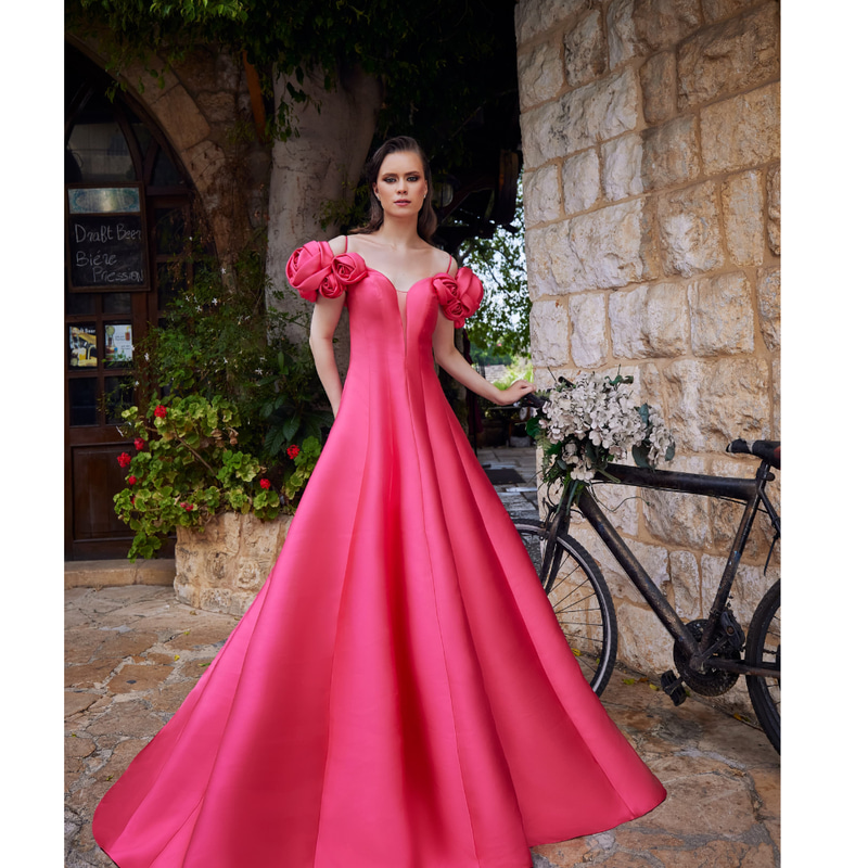 فستان تفته كلوش مزين بالورد بلون فوشيا | 40741