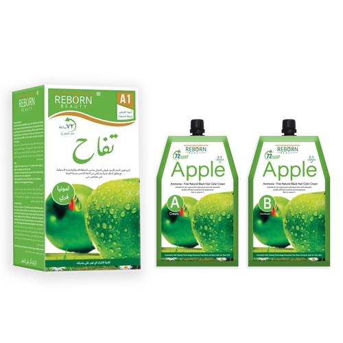 REBORN APPLE A1 Ammonia Free Hair Color Cream - Natural Black - 500 ml Cream + 500 ml Developer - Reborn Beauty