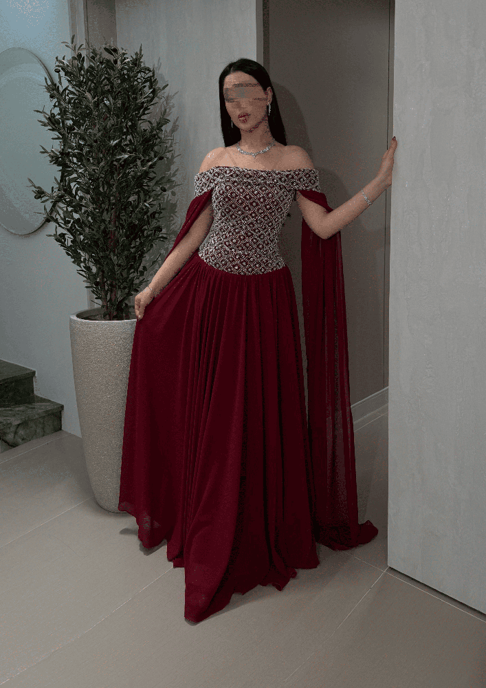 فستان سهرة خمري أوف شولدر كورسيه مرصع بكاب شيفون طويل