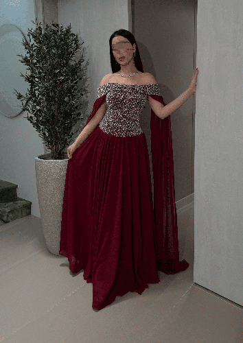 فستان سهرة خمري أوف شولدر كورسيه مرصع بكاب شيفون طويل