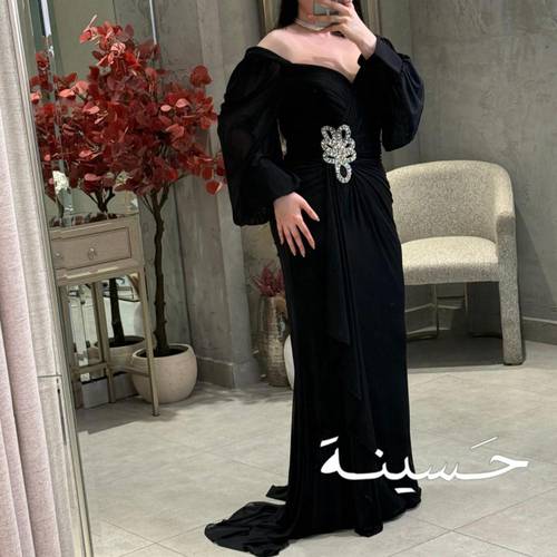 فستان أسود مخملي شيفون طبقات بكرستال