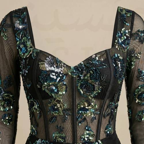 فستان سهرة أسود وردي ترتر كورسيه شفاف منفوش