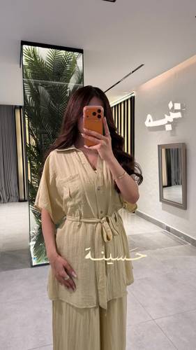 طقم بدلة لينن بحزام جانبي