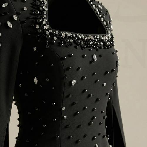 فستان أسود مرصّع بكريستال وياقة مربعة وأكمام واسعة