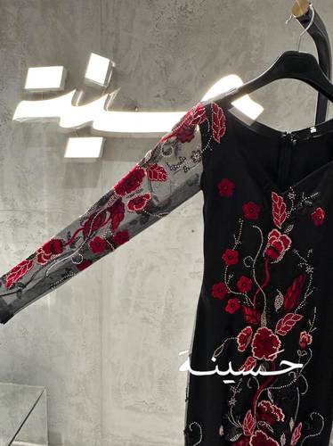 فستان تول مطرز ورد أحمر بأكمام شفافة