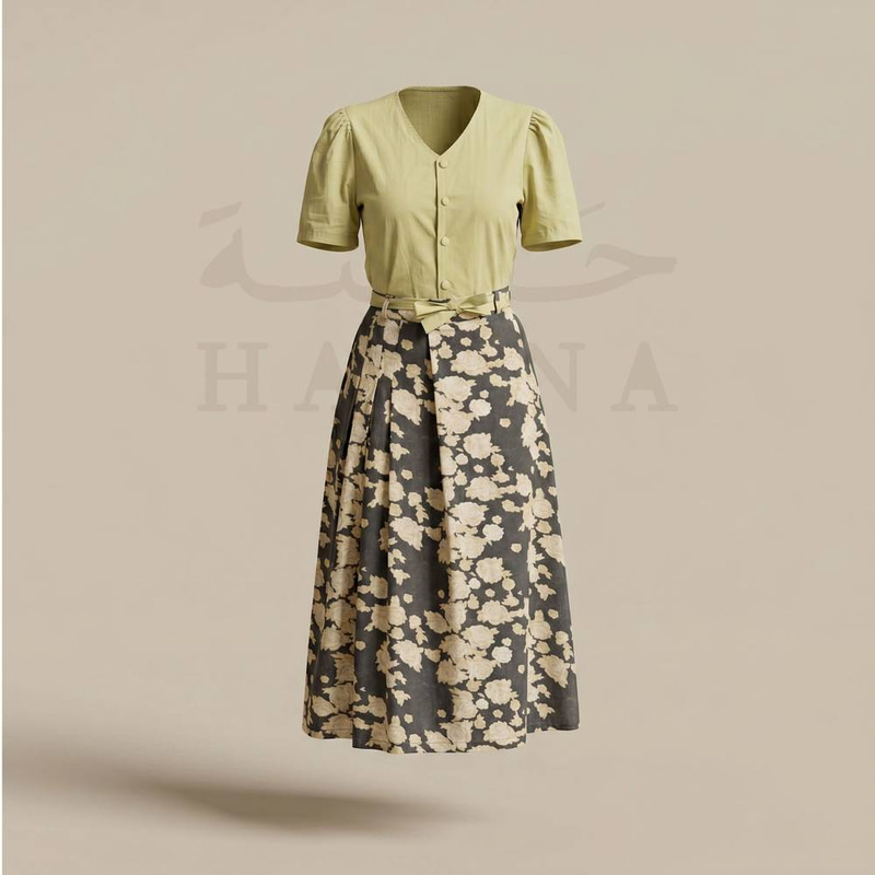 طقم ناعم أصفر بلوزة أزرار وتنورة ميدي رمادي موردة