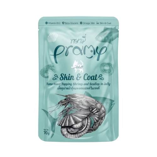 Pramy Skin & Coat Tuna Meet Topping Shrimp & Scallop in Jelly Cats 70g