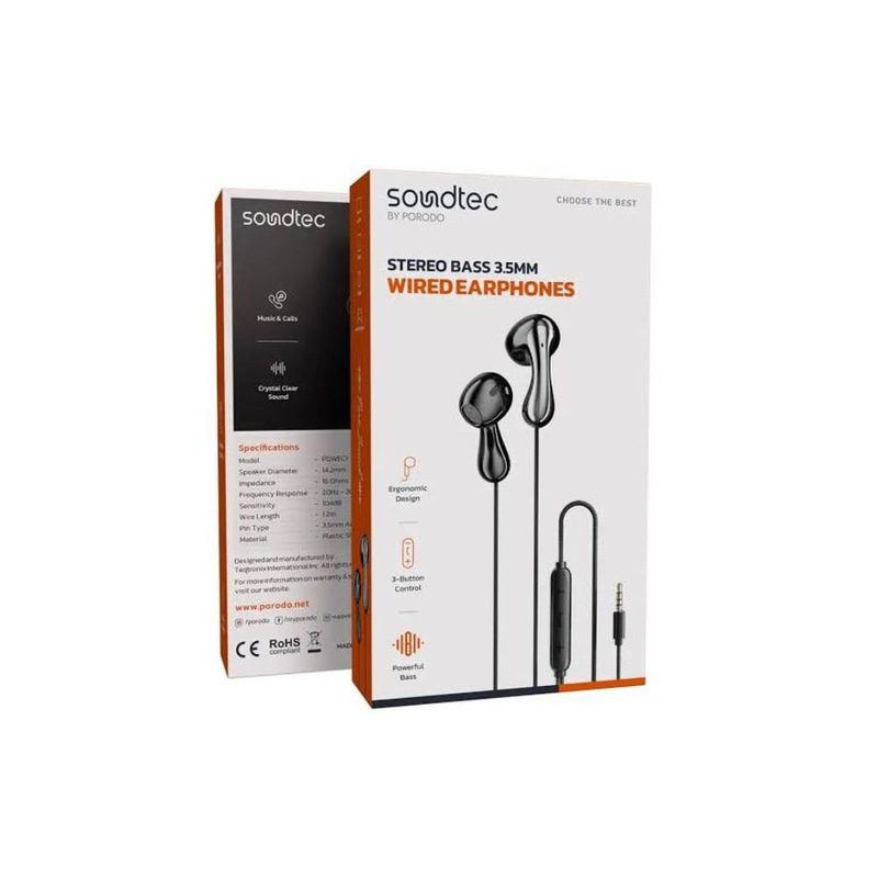 سماعات أذن سلكية Porodo Soundtec بصوت ستيريو وجهير (Bass) وموصل 3.5 مم - أسود