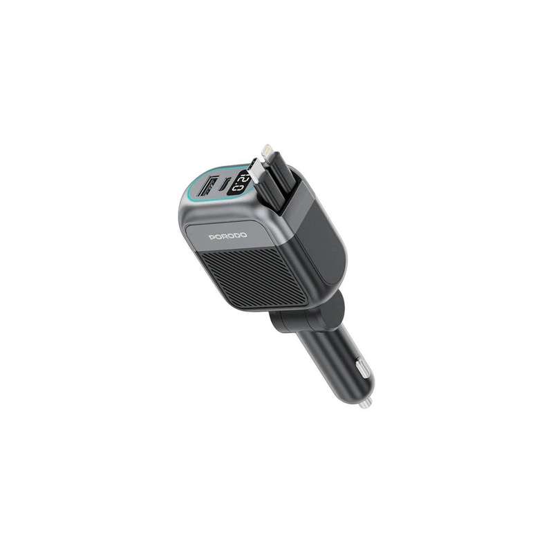 شاحن سيارة Porodo متعدد المنافذ مع كابل USB-C إلى USB-C وكابل Lightning - أسود