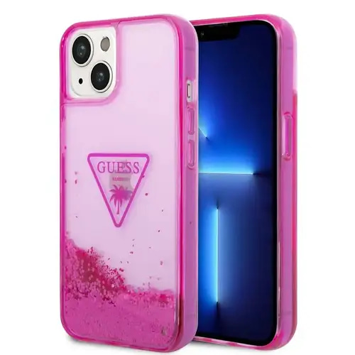 GUESS LIQUID GLITTER CASE WITH TRANSLUCENT TRIANGLE LOGO FOR IPHONE 14 PLUS- PINK COVER
