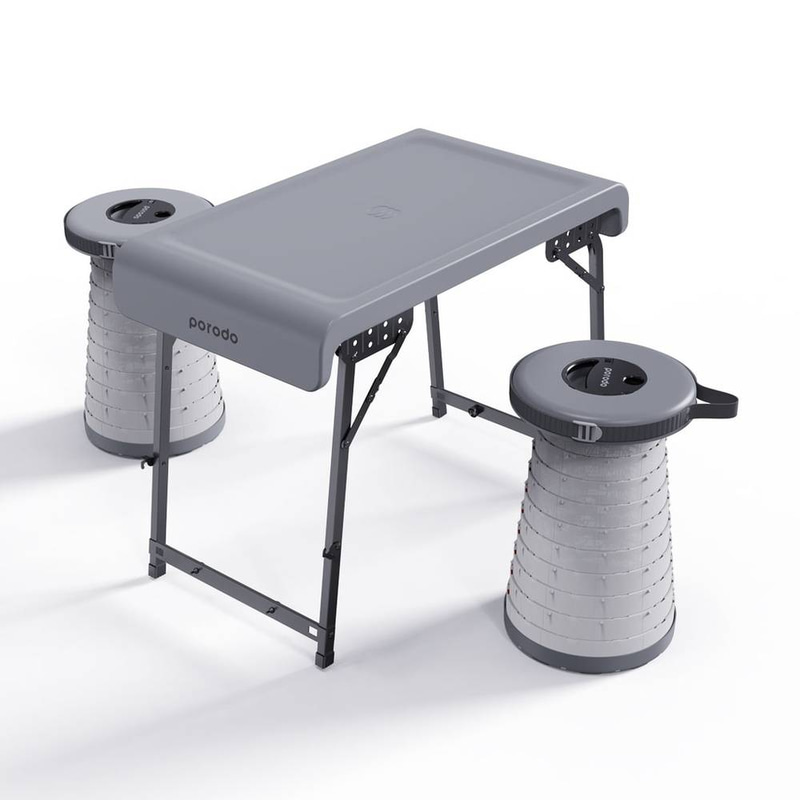 مكتب Porodo Camping القابل للطي ومجموعة مقعد LED (أبيض/أصفر).