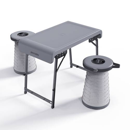 مكتب Porodo Camping القابل للطي ومجموعة مقعد LED (أبيض/أصفر).