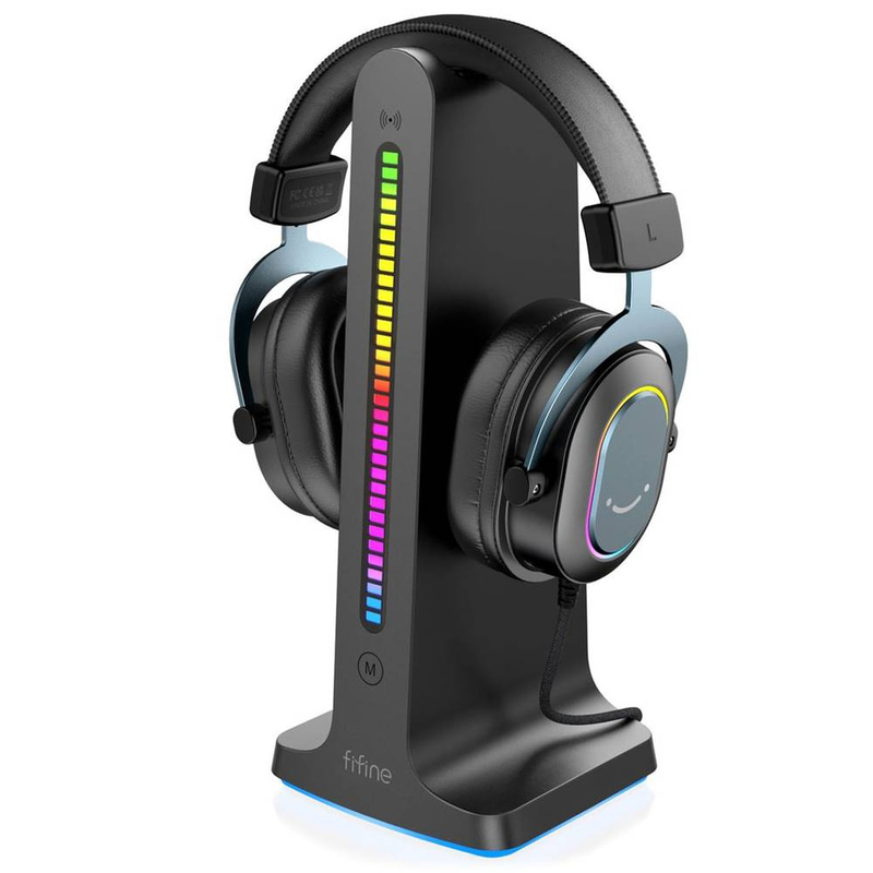 حامل سماعة رأس لإضاءة الصوت الديناميكي للألعاب RGB مع كابل تخزين 300 مللي أمبير في الساعة - أسود