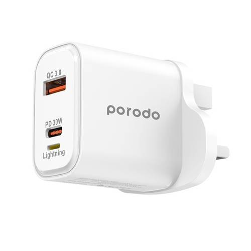 Porodo Triple Port PD QC Lightning 30W Wall Charger with Braided USB-C to Lightning Cable 1.2M
