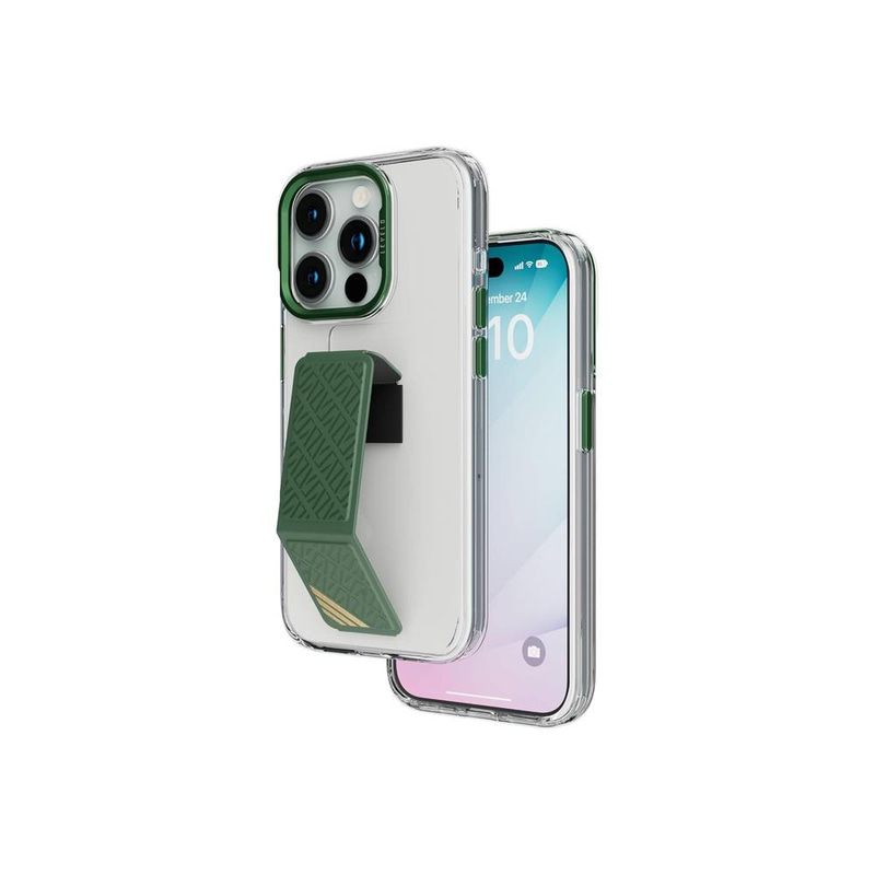 جراب Levelo Morphix Clara الجلدي الشفاف المزود بمسند لهاتف iPhone 15 Pro - أخضر
