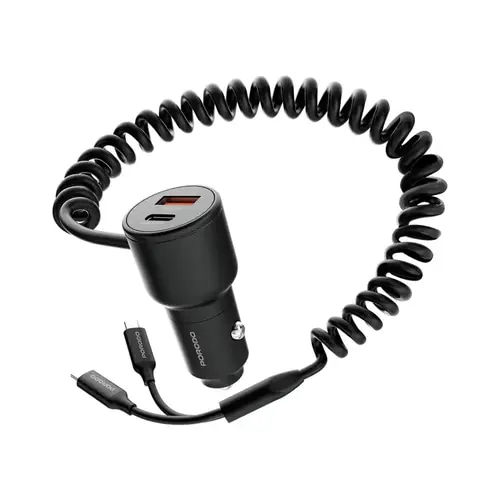 Porodo Dual Port Car Charger Integrated C+C Cables - Black