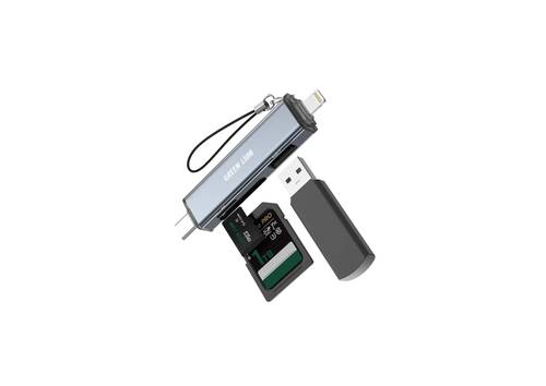 Green Lion 3 in 1 Card Reader with USB-C & Lightning Connectivity - Gray
