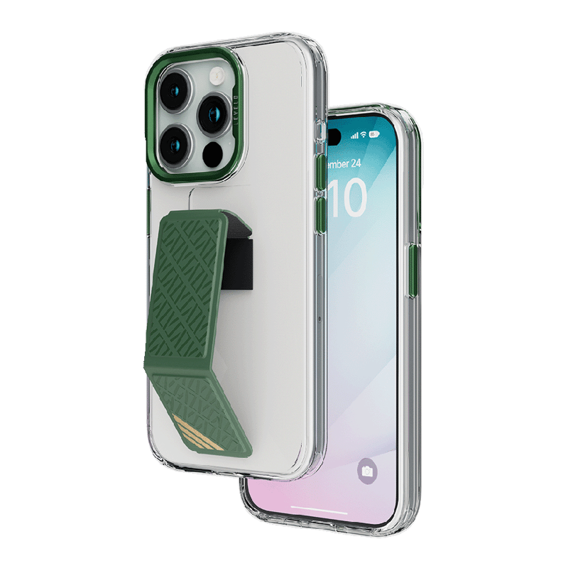 LEVELO MORPHIX CLARA 15 PRO MAX  GREEN WITH PREMIUM LEATHER  KICKSTAND GRIP CASE