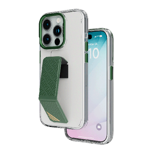 LEVELO MORPHIX CLARA 15 PRO MAX  GREEN WITH PREMIUM LEATHER  KICKSTAND GRIP CASE