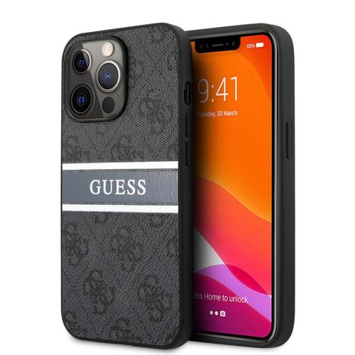 IPHONE 13 PRO - LEATHER CASE GREY 4G COLLECTION WITH PRINTED STRIPE - GUESS