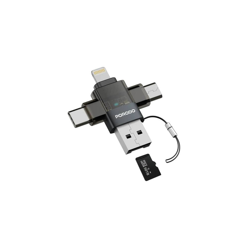 محول Porodo Minilink الشفاف بتقنية OTG مع منافذ USB-C وMicro USB وLightning وفتحة لبطاقة الذاكرة - رمادي