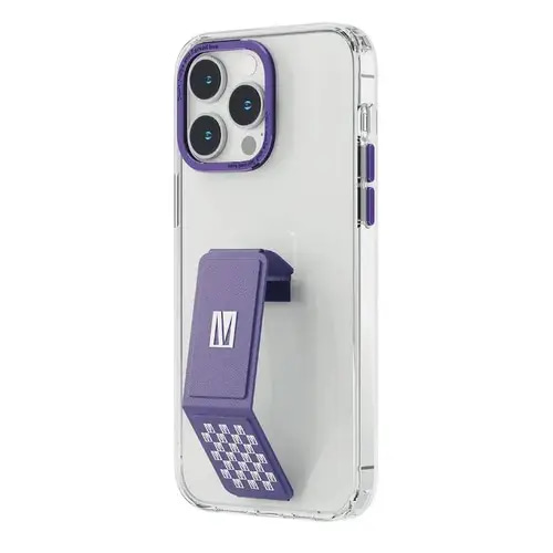 LEVELO MORPHIX CLARA IPHONE 14 PRO WITH LEATHER GRIP STAND DEEP PURPLE CASE