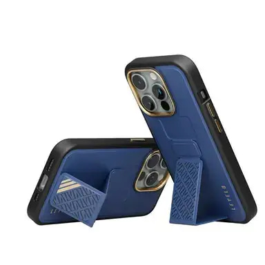 LEVELO MORPHIX CUERO 15 PRO MAX WITH PREMIUM LEATHER KICKSTAND GRIP BLUE CASE