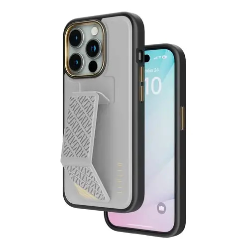 LEVELO MORPHIX CUERO 15 PRO MAX WITH PREMUIM LEATHER KICKSTAND GRIP GREY CASE