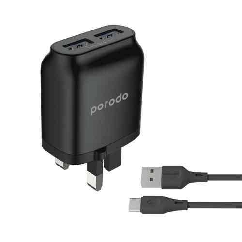 Porodo Dual USB Wall Charger 2.4A PVC Type-C Cable 1.2m UK 3pin Plug, Fast Charger