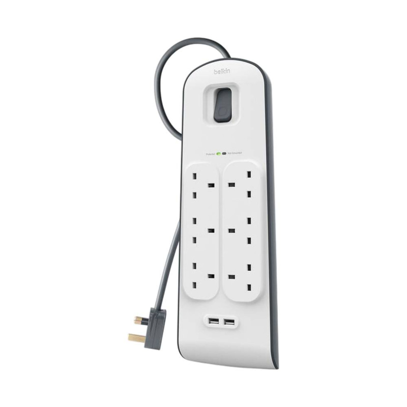 بيلكين سيرج بلس 650 جول، 6 منافذ كهربائية، منفذان USB-A، 12 واط، طول السلك 2 متر (6.6 قدم).
