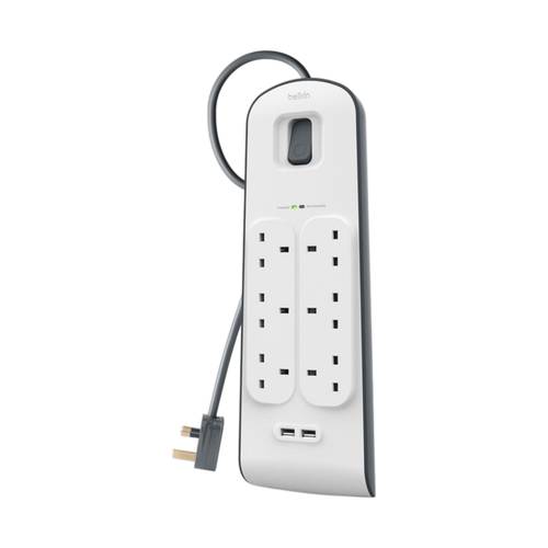 بيلكين سيرج بلس 650 جول، 6 منافذ كهربائية، منفذان USB-A، 12 واط، طول السلك 2 متر (6.6 قدم).