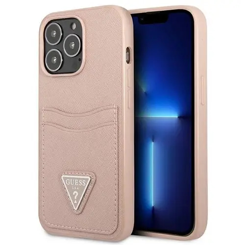 GUESS HARDCASE SAFFIANO TRIANGLE LOGO CARDSLOT FOR IPHONE 13 PRO (6.1')  PINK