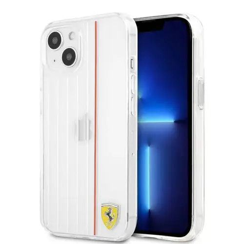 FERRARI HARDCASE WITH 3D LINES CONTRASTED FOR IPHONE 13 PRO (6.1') TRANSPARENT WITH RED LINE CASE