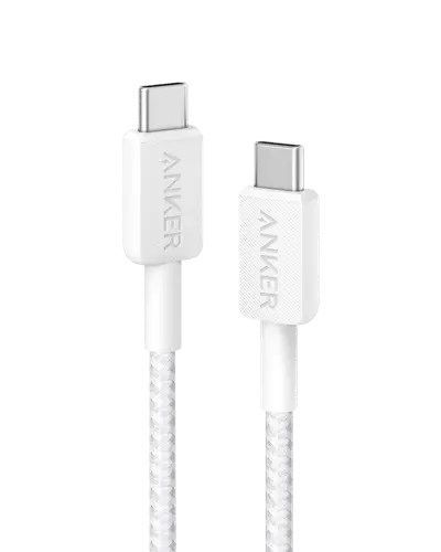 كابل أنكر USB-C إلى USB-C (طول 3 أقدام، 60 واط، مضفر) - أبيض - A81F5H21