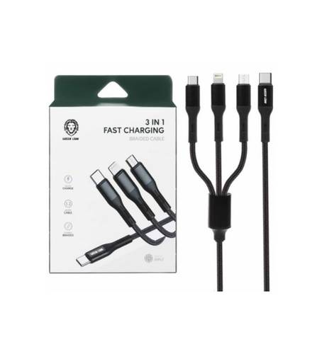 Green Lion 3 In 1 Fast Charging Braided Cable 1.2m