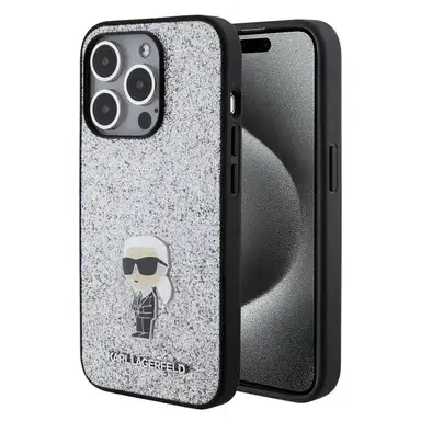 Karl Lagerfeld Fixed Glitter Case with Ikonik Logo Metal Pin - Silver - iPhone 15 Pro Max