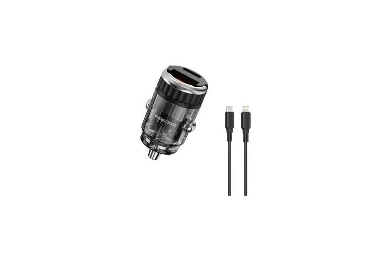 Porodo Dual Port Transparent Car Charger With Pull Ring Handle With C To Lightning Cable - Black