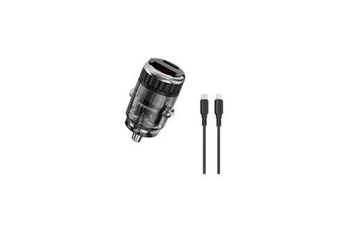 شاحن سيارة شفاف ثنائي المنافذ من بورودو بمقبض حلقة سحب وكابل من النوع C إلى لايتنينج - أسود