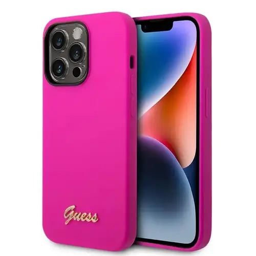 GUESS LIQUID SILICONE CASE WITH SCRIPT METAL LOGO FOR IPHONE 14 PRO MAX- FUCHSIA PINK