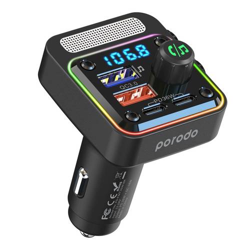 PORODO Quick-Charge FM Car Charger ( Dual USB-C & USB-A ) PD 36W - Black