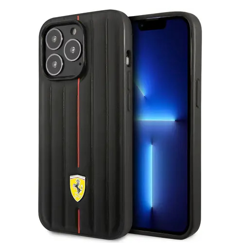 IPHONE 14 PRO - LEATHER BLACK CASE EMBOSSED STRIPES WITH YELLOW SHIELD LOGO - FERRAR