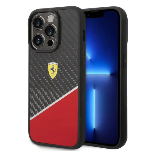 IPHONE 14 PRO - PC/TPU RED BIMATERIAL CASE CARBON AND POLYCARBONATE WITH SILVER STRIPE - FERRARI