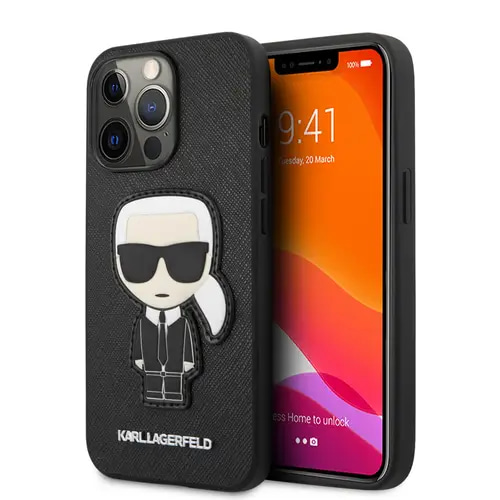 KARL LAGERFELD LEATHER CASE BLACK PU SAFFAIANO WITH IKONIK PATCH WITH METAL LOGO FOR IPHONE 13 PRO (6.1'') BLACK COVER CASE