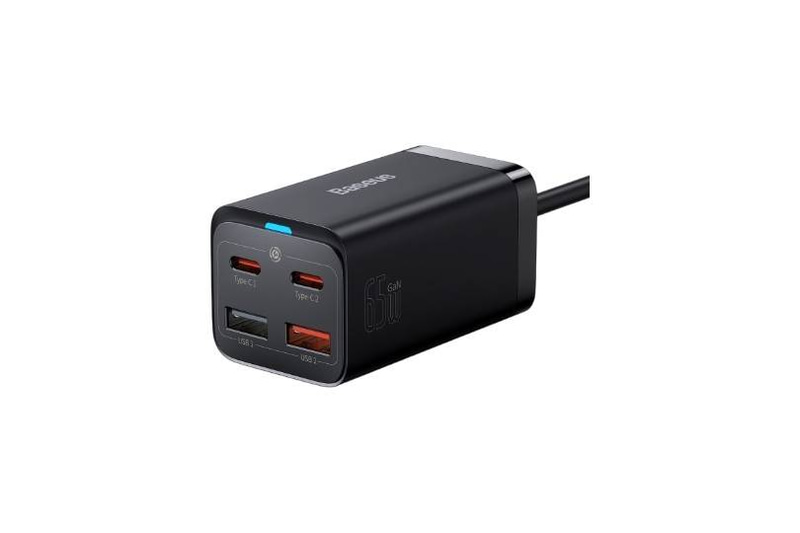 شاحن مكتبي سريع Baseus GaN3 بقدرة 65 واط (منفذان Type-C ومنفذان USB-A) - قابس أوروبي - أسود