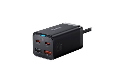 شاحن مكتبي سريع Baseus GaN3 بقدرة 65 واط (منفذان Type-C ومنفذان USB-A) - قابس أوروبي - أسود