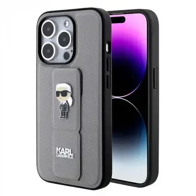 Karl Lagerfeld Saffiano Leather Grip Case With Karl Ikonik Logo - Silver - iPhone 15 Pro