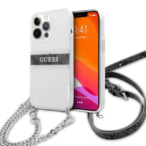 GUESS PC/TPU TRANSPARENT CASE 4G STRIPE WITH CROSSBODY CASE WITH SHOULDER STRAP FOR IPHONE 13 PRO (6.1') COVER CASE