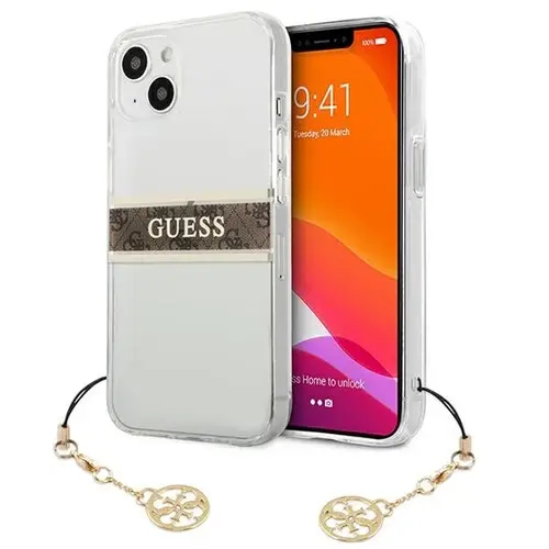 GUESS IPHONE 13 PRO TRANSPARENT HARDCASE 4G BROWN STRAP CHARM
