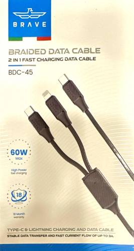 BRAVE BRAIDED CABLE 2 IN 1 FAST CHARGING DATA CABLE- BDC-45